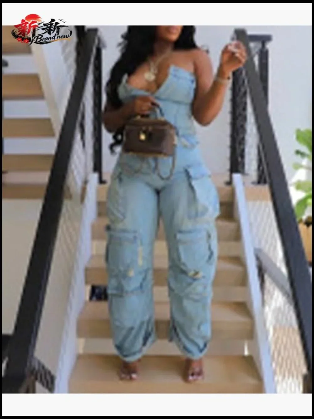 Polyester Camo Jumpsuit with Button Closure and Cargo Pockets - Picture 2 of 5